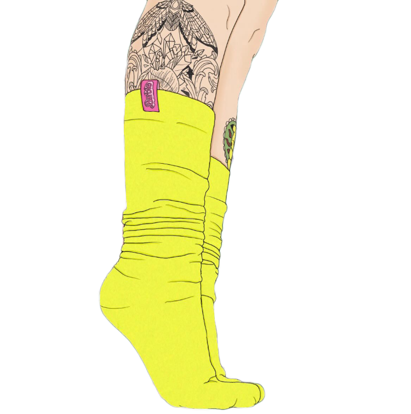 Bright yellow knee-high sock with a pink label on a white background